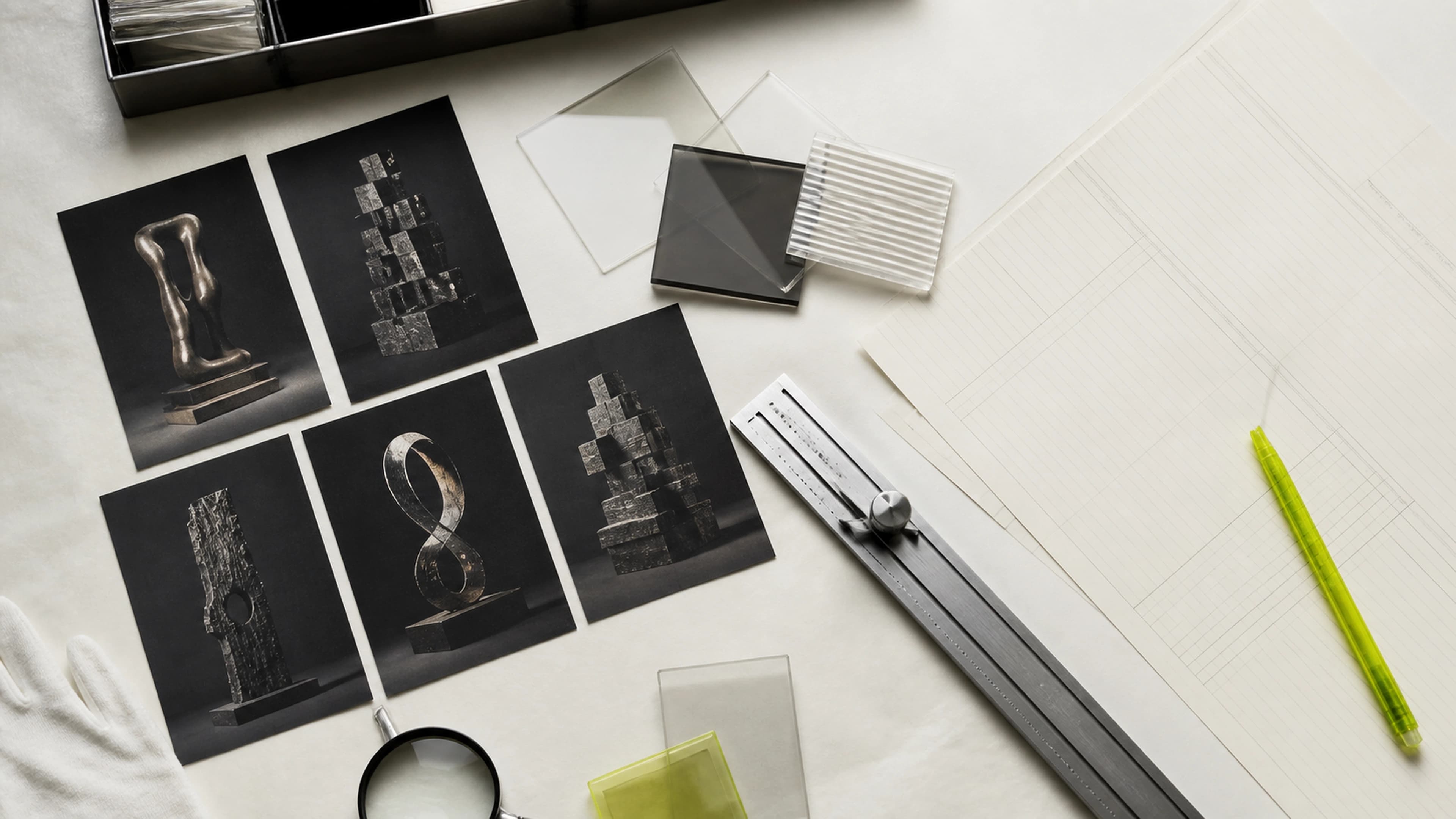 Overhead collectible market desk with archival art cards